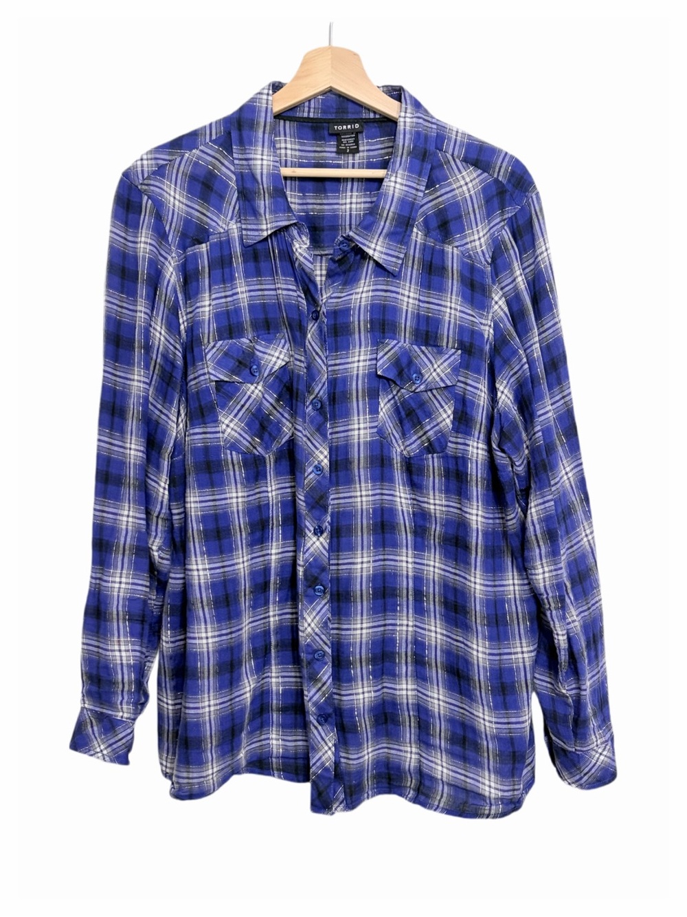 Torrid Western Style Button Up Shirt Blue Silver Metallic size 2X Long Sleeve